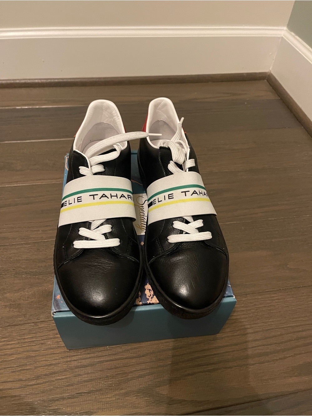 Elie Tahari Black Leather Slip-On Sneakers with Branded White Strap